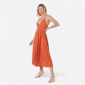 MVN Orange Midi Linen Blend A-Line Summer Vacation Dress
